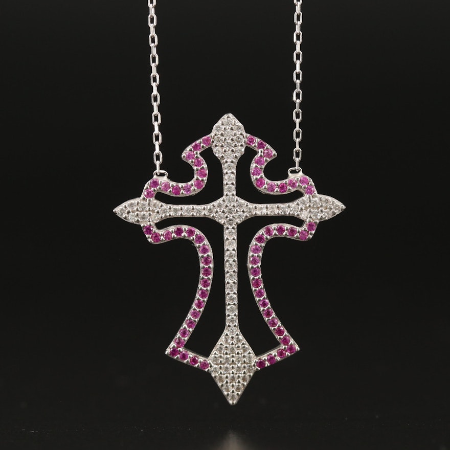 Sterling Silver Ruby and Cubic Zirconia Cross Necklace