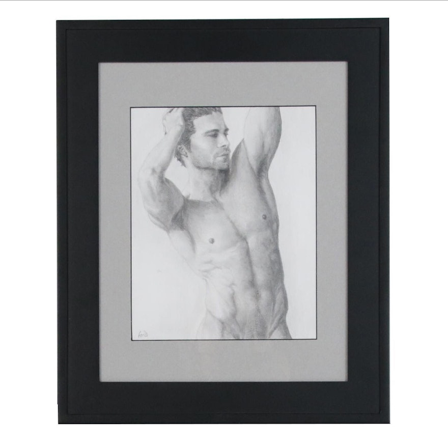 Kevin Ford Figural Graphite Drawing of Male Nude, Late 20th Century