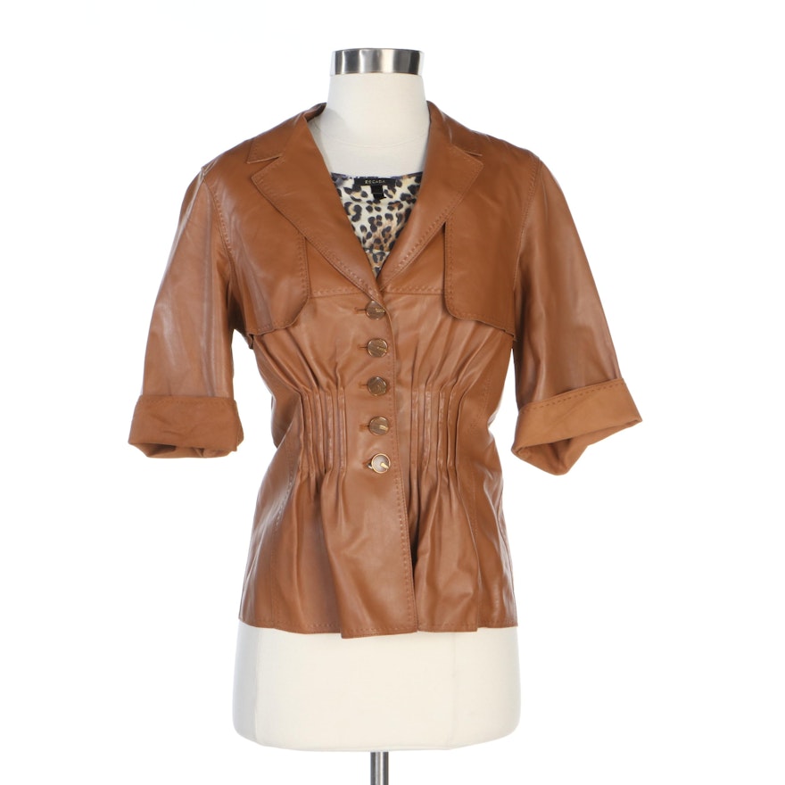 Escada Leather Short Sleeve Jacket and Printed Silk Blouse