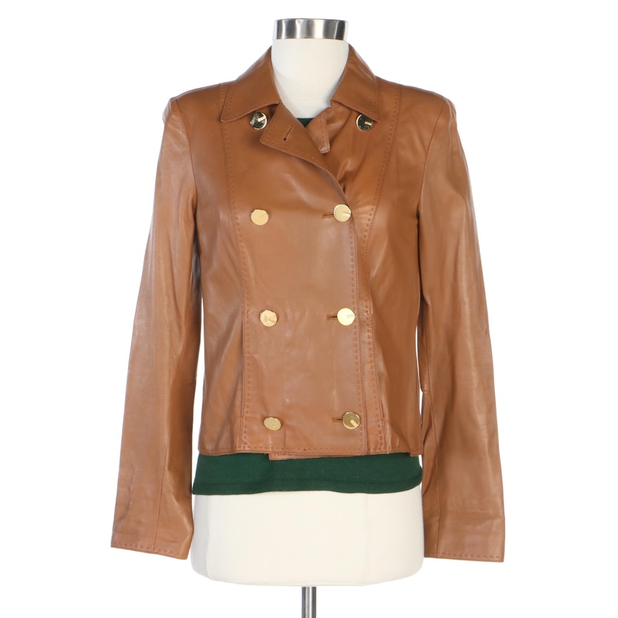 Escada Camel Leather Jacket with Gathered Green Knit Top