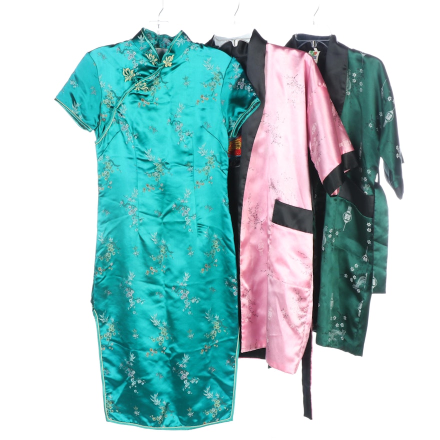 Green Floral Cheongsam Dress with Reversible Satin Robes