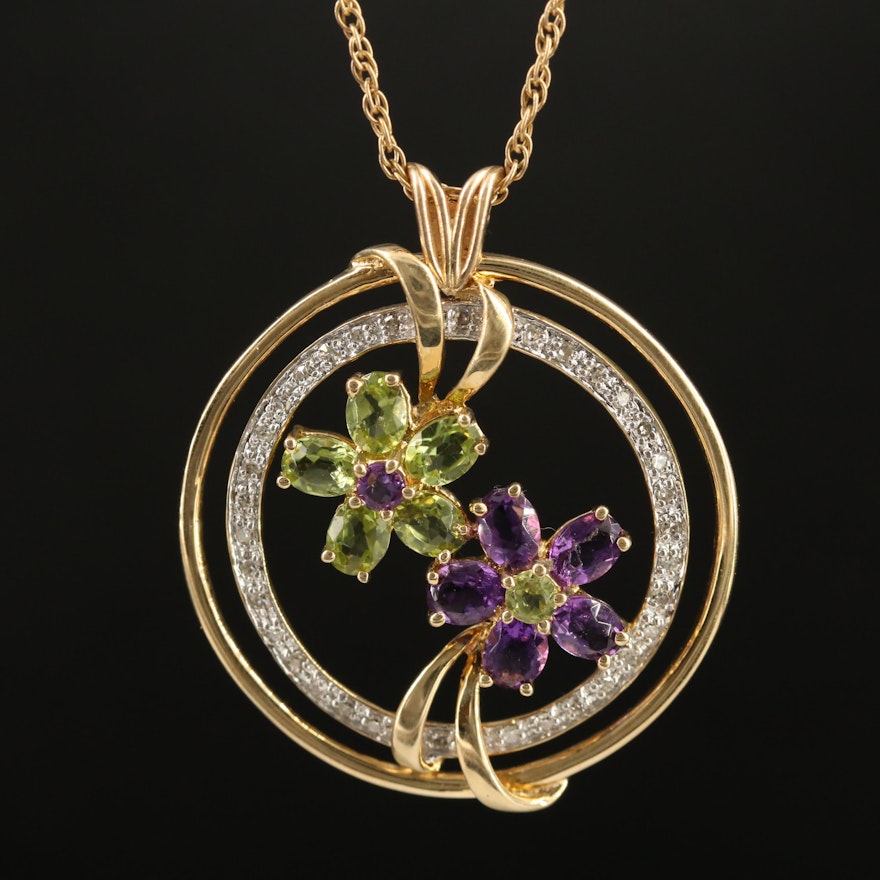 14K Amethyst and Peridot Floral Motif Necklace with Diamond Halo