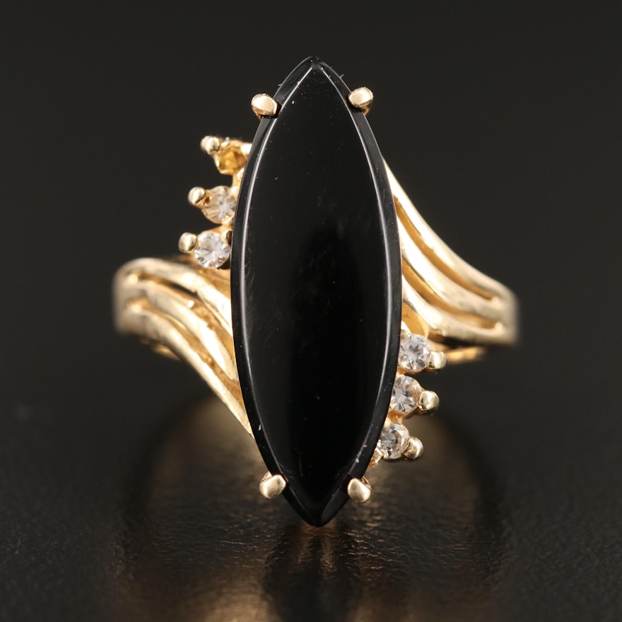 14K Black Onyx and White Spinel Bypass Ring