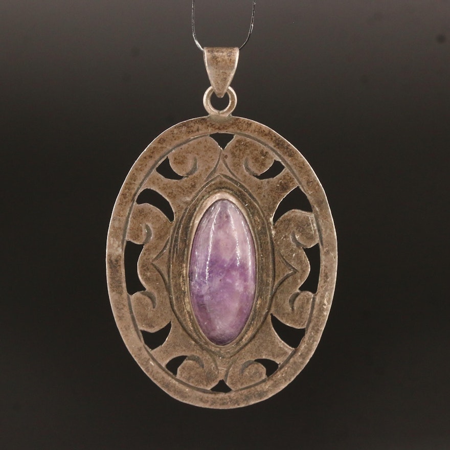 Vintage Sterling Silver Amethyst Openwork Pendant