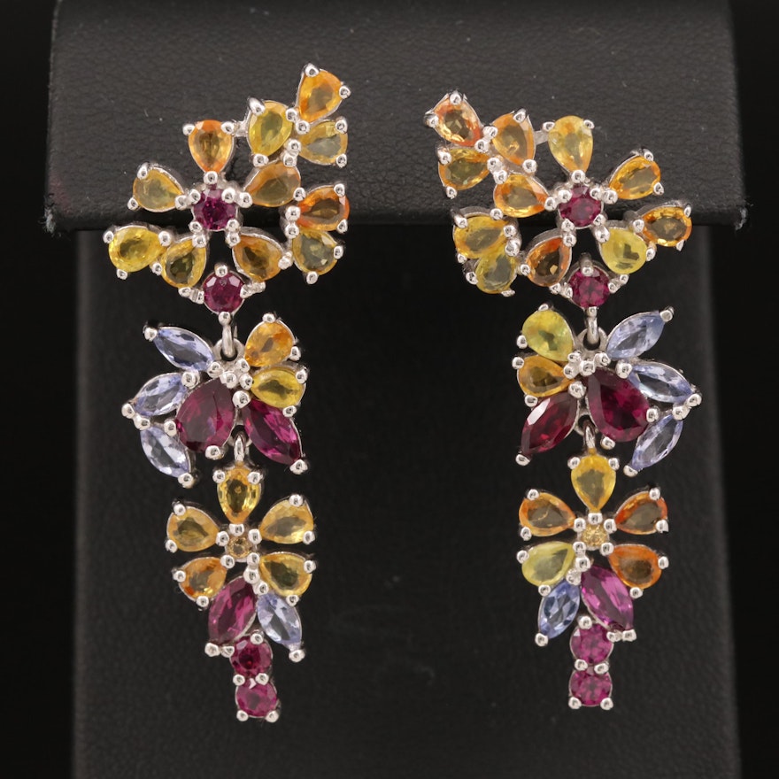 Sterling Sapphire, Tanzanite and Garnet Floral Drop Earrings
