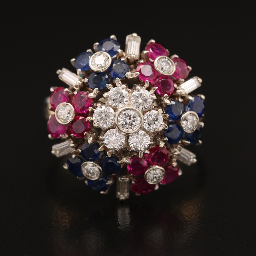 Vintage 18K Diamond, Ruby and Sapphire Cluster Ring