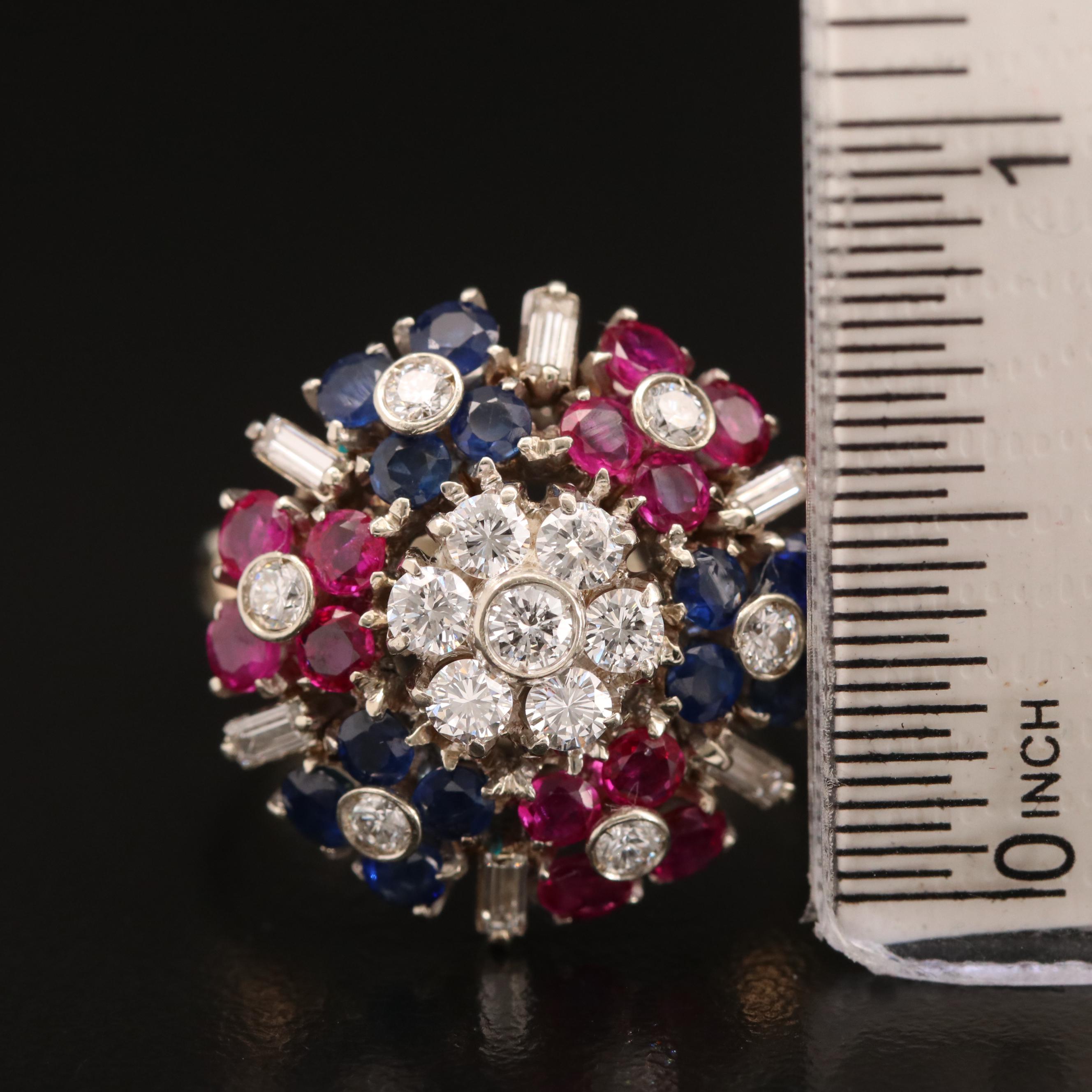 Vintage 18K Diamond, Ruby and Sapphire Cluster Ring