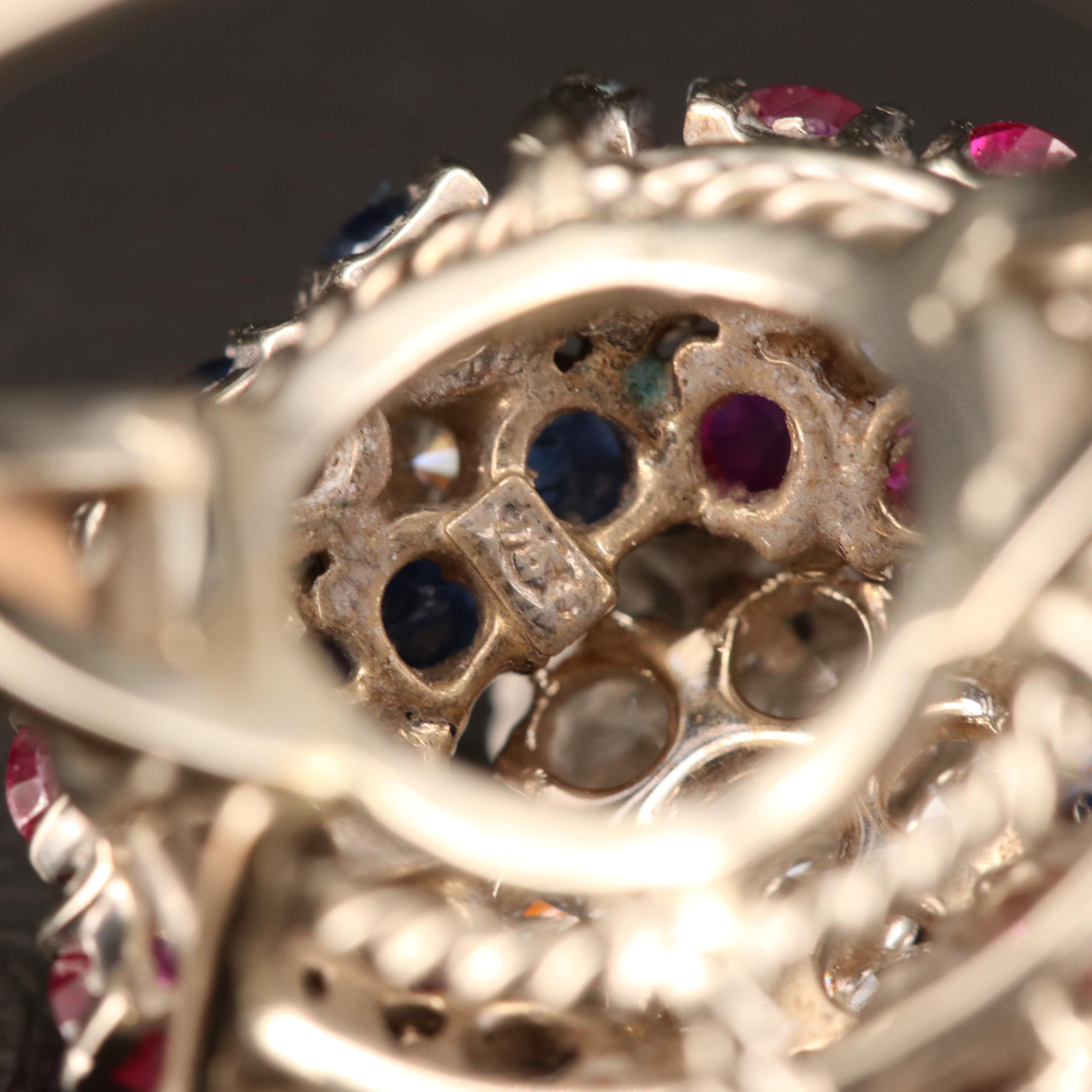 Vintage 18K Diamond, Ruby and Sapphire Cluster Ring