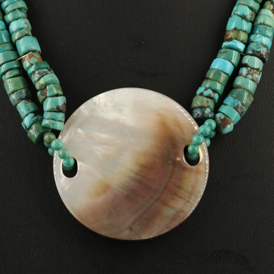 Double Strand Mother of Pearl and Turquoise Necklace with Sterling Clasp