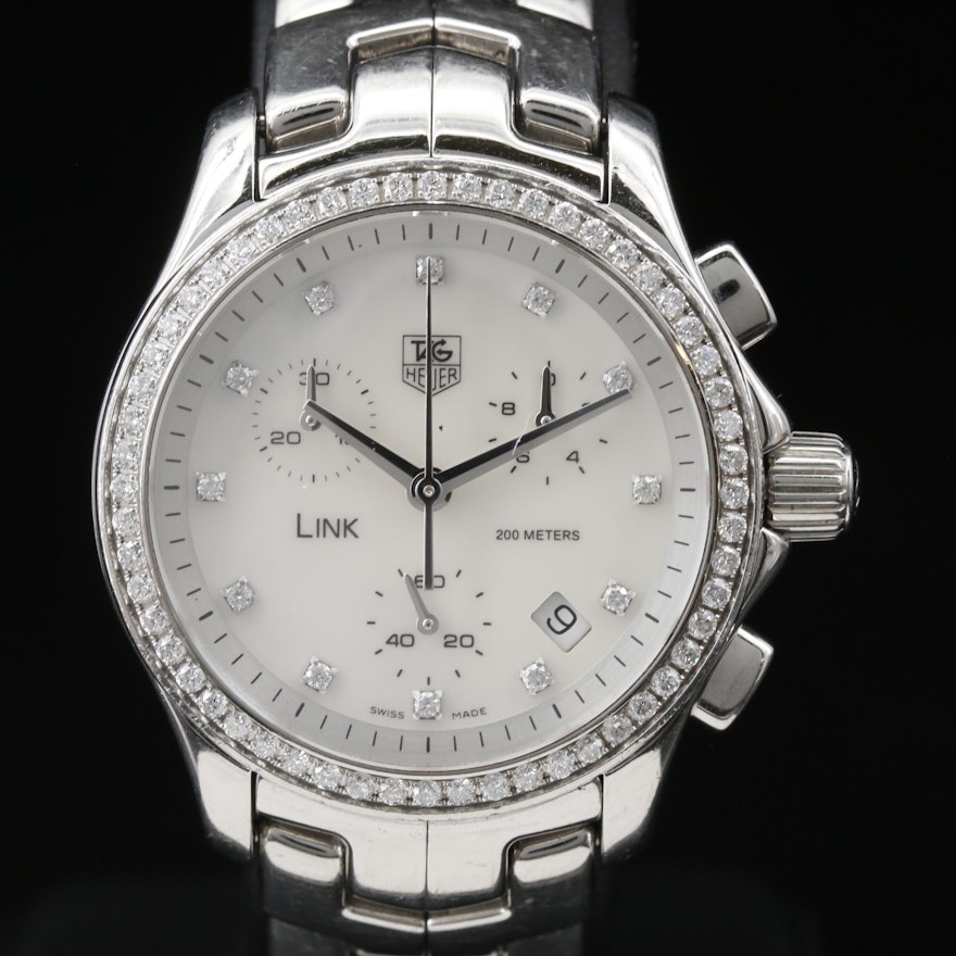 TAG Heuer Link Chronograph MOP,  Diamond and Stainless Steel Quartz Wristwatch