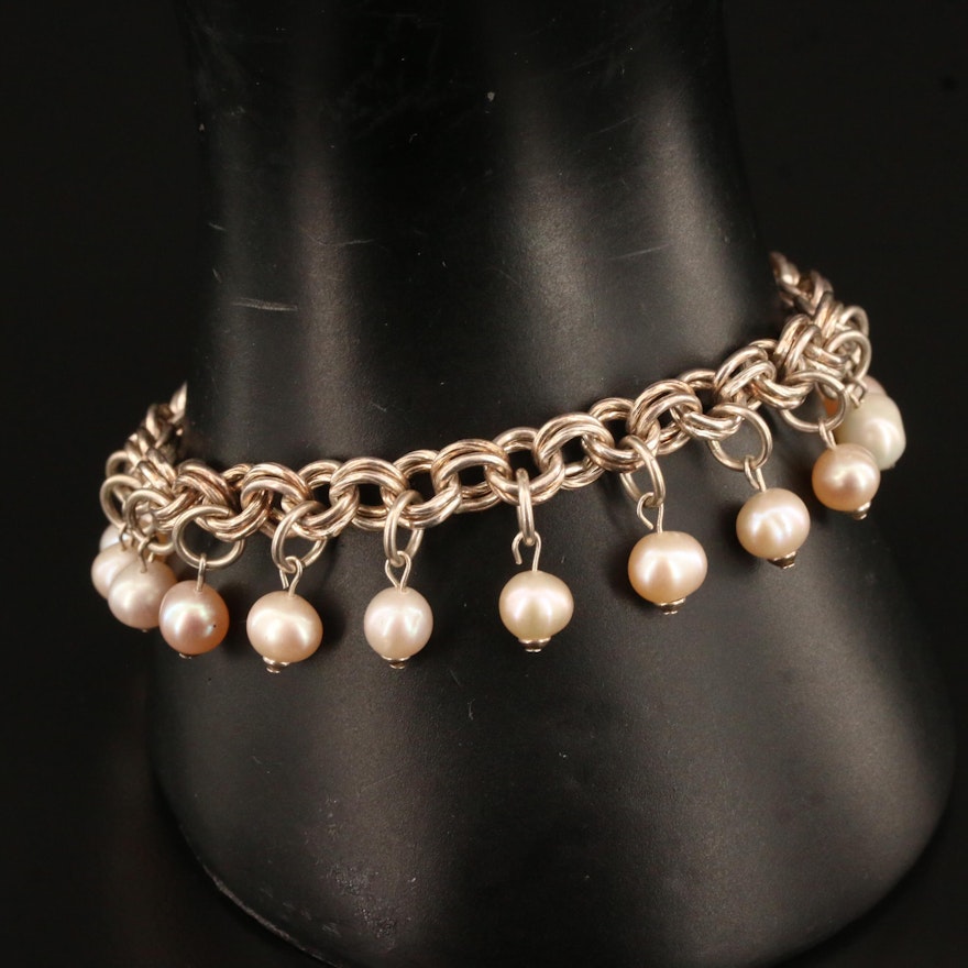 Sterling Silver Pearl Dangle Link Bracelet