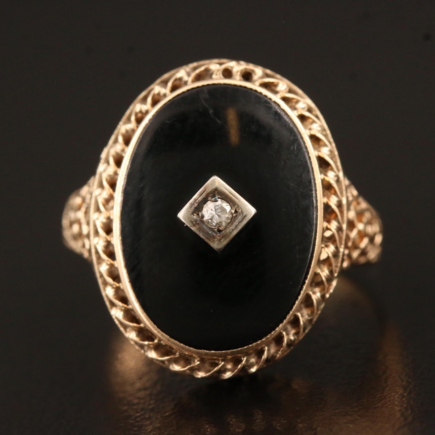 Vintage 10K Black Onyx Openwork Ring with Diamond Accent