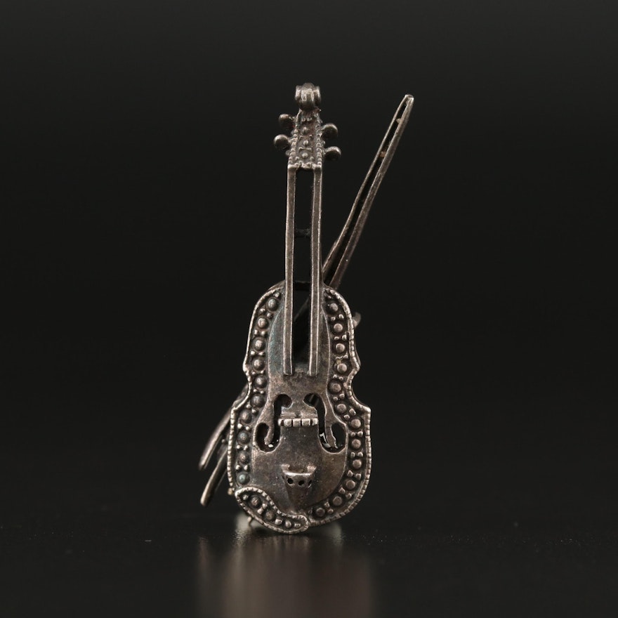 Sterling Silver Violin and Bow Brooch