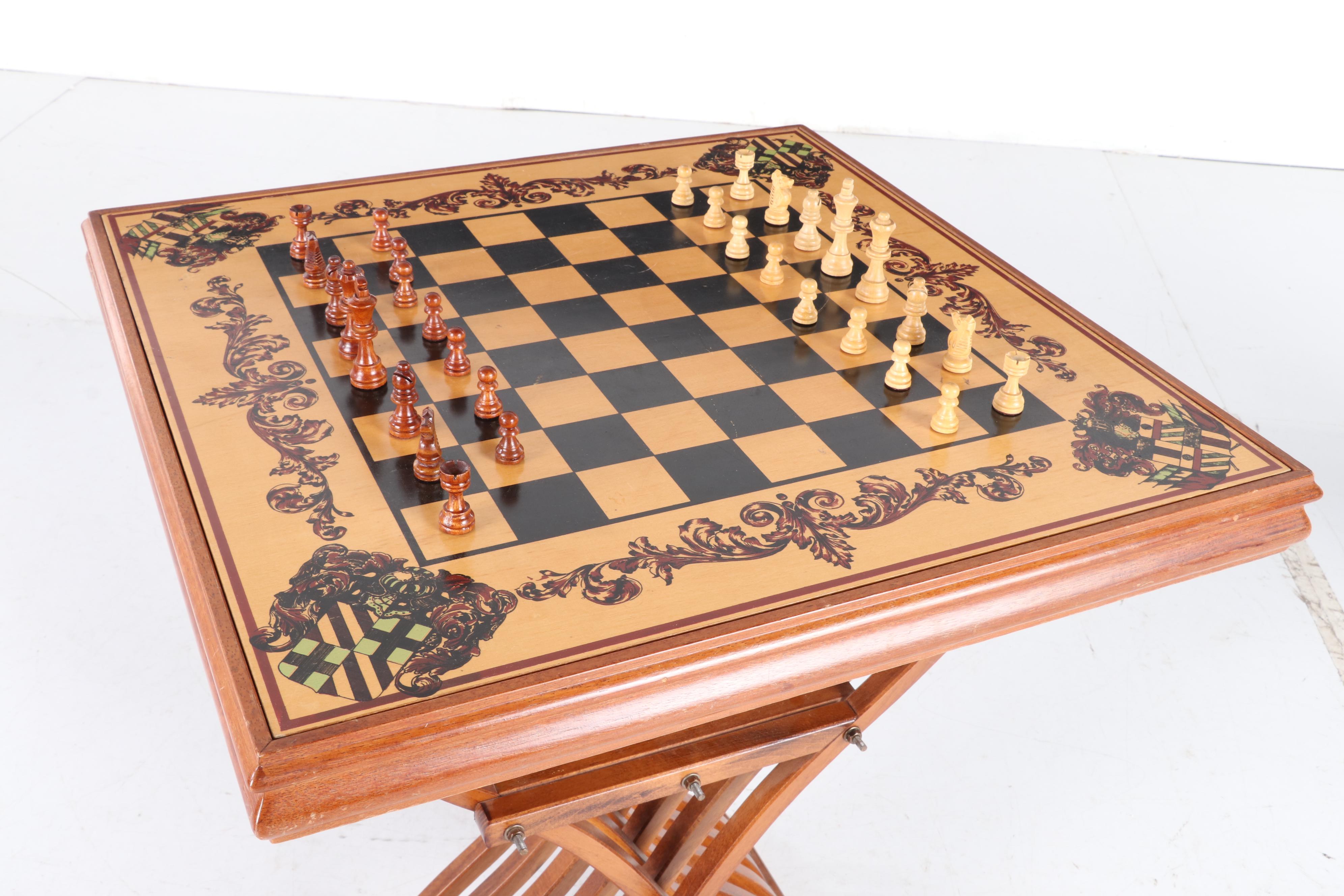 Italian Mahogany Savonarola Chess Table and Chairs, Late 20th Century