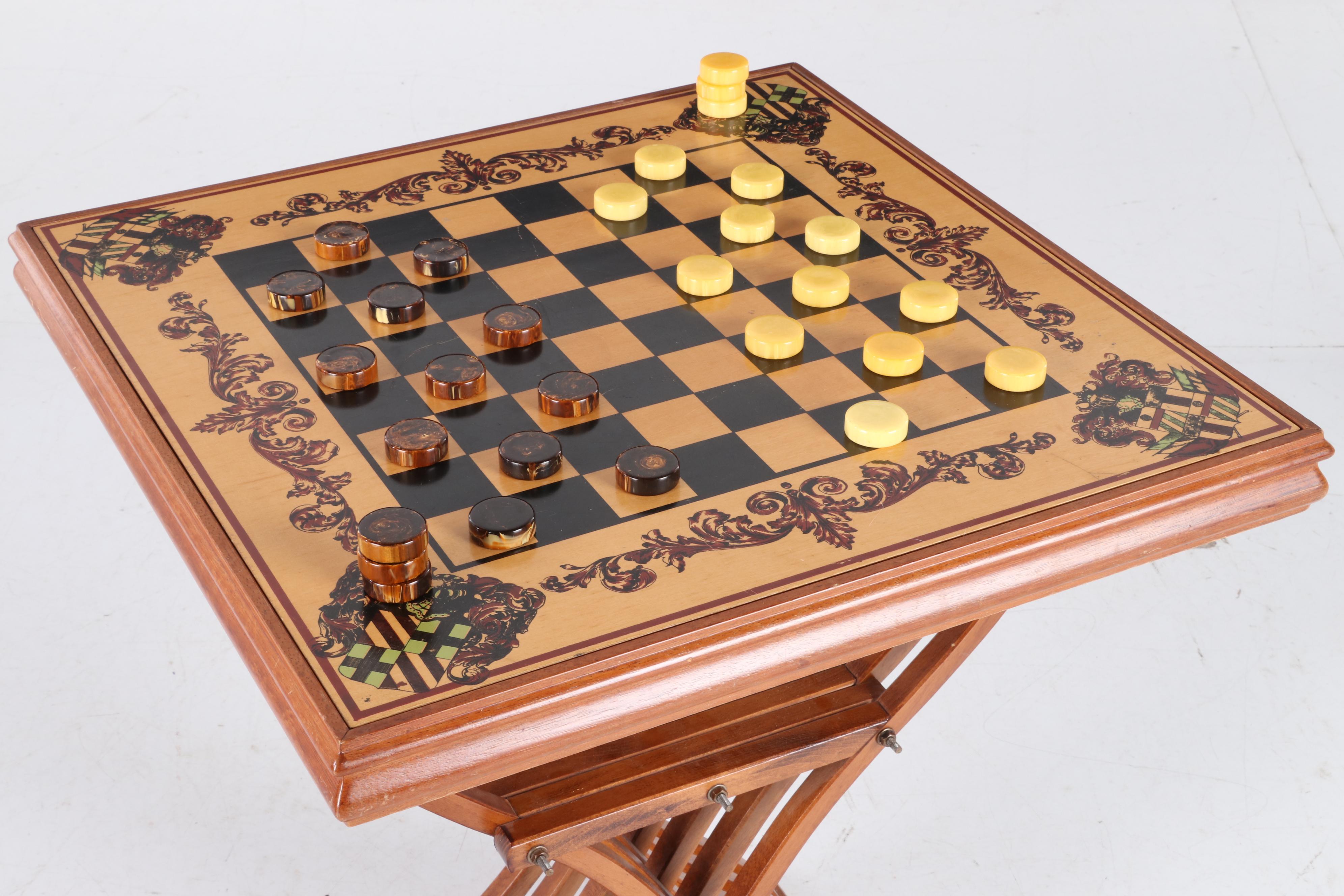 Italian Mahogany Savonarola Chess Table and Chairs, Late 20th Century