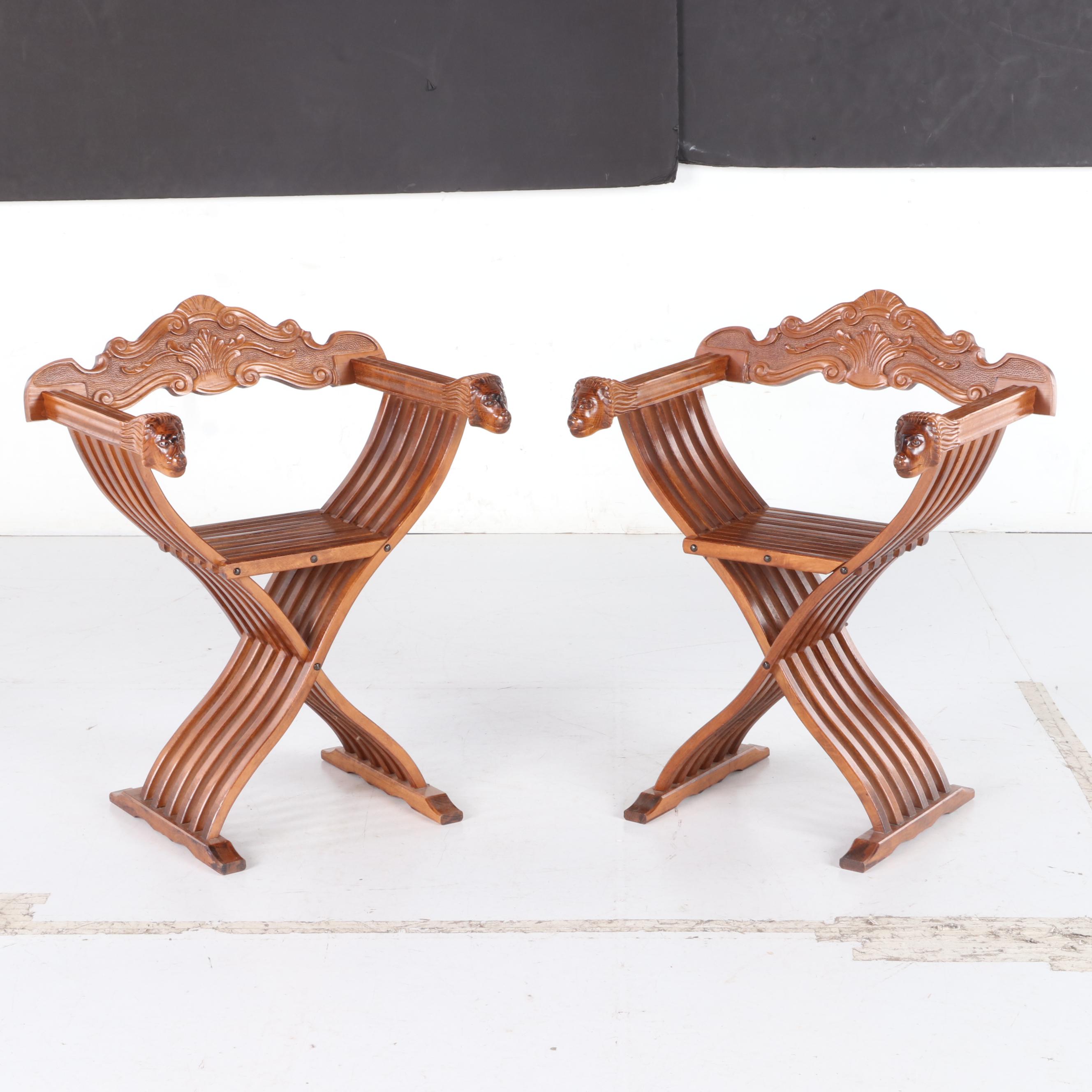 Italian Mahogany Savonarola Chess Table and Chairs, Late 20th Century