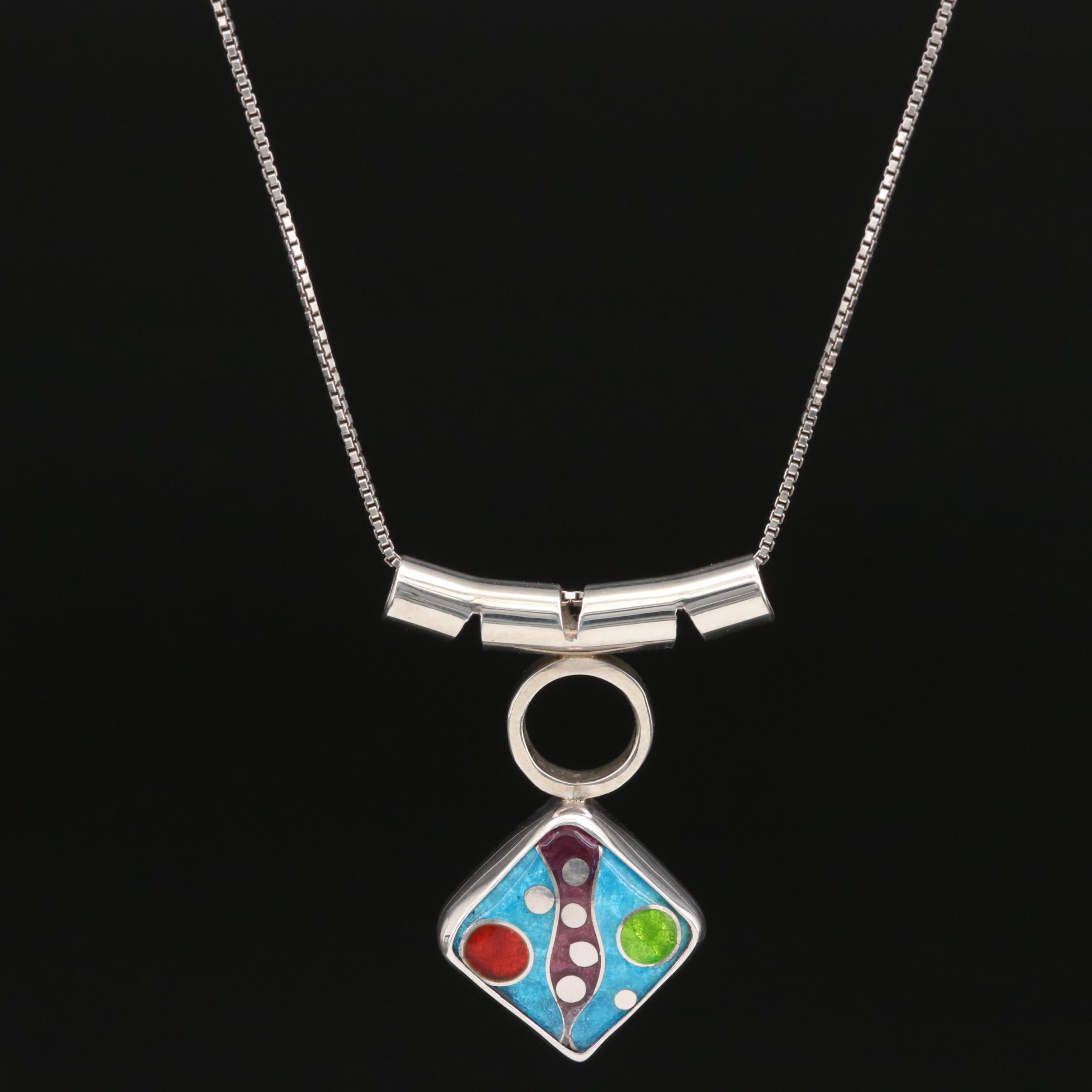 Studio Art Bill and Lisa Bailey Sterling Cloisonné Slide Pendant Necklace