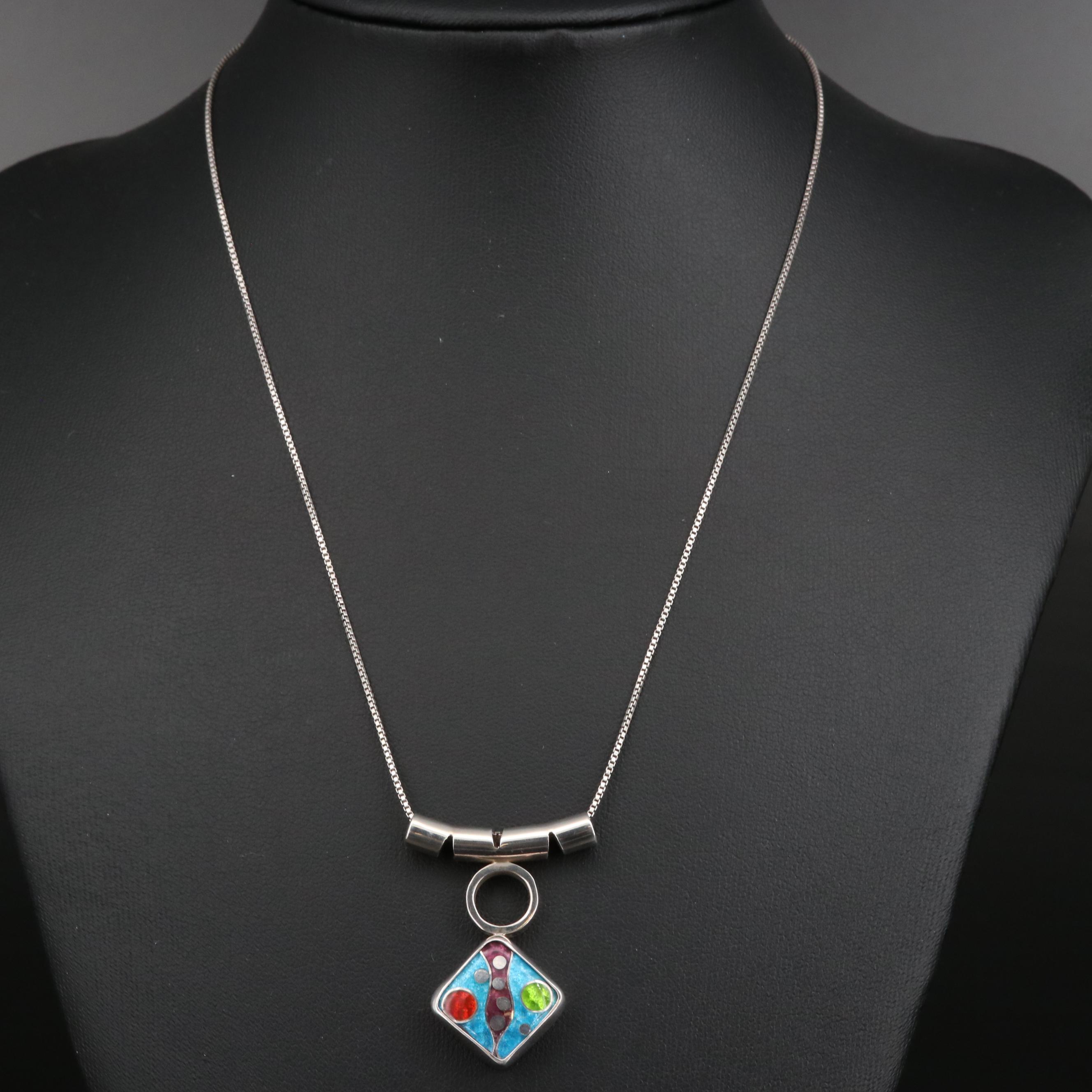 Studio Art Bill and Lisa Bailey Sterling Cloisonné Slide Pendant Necklace