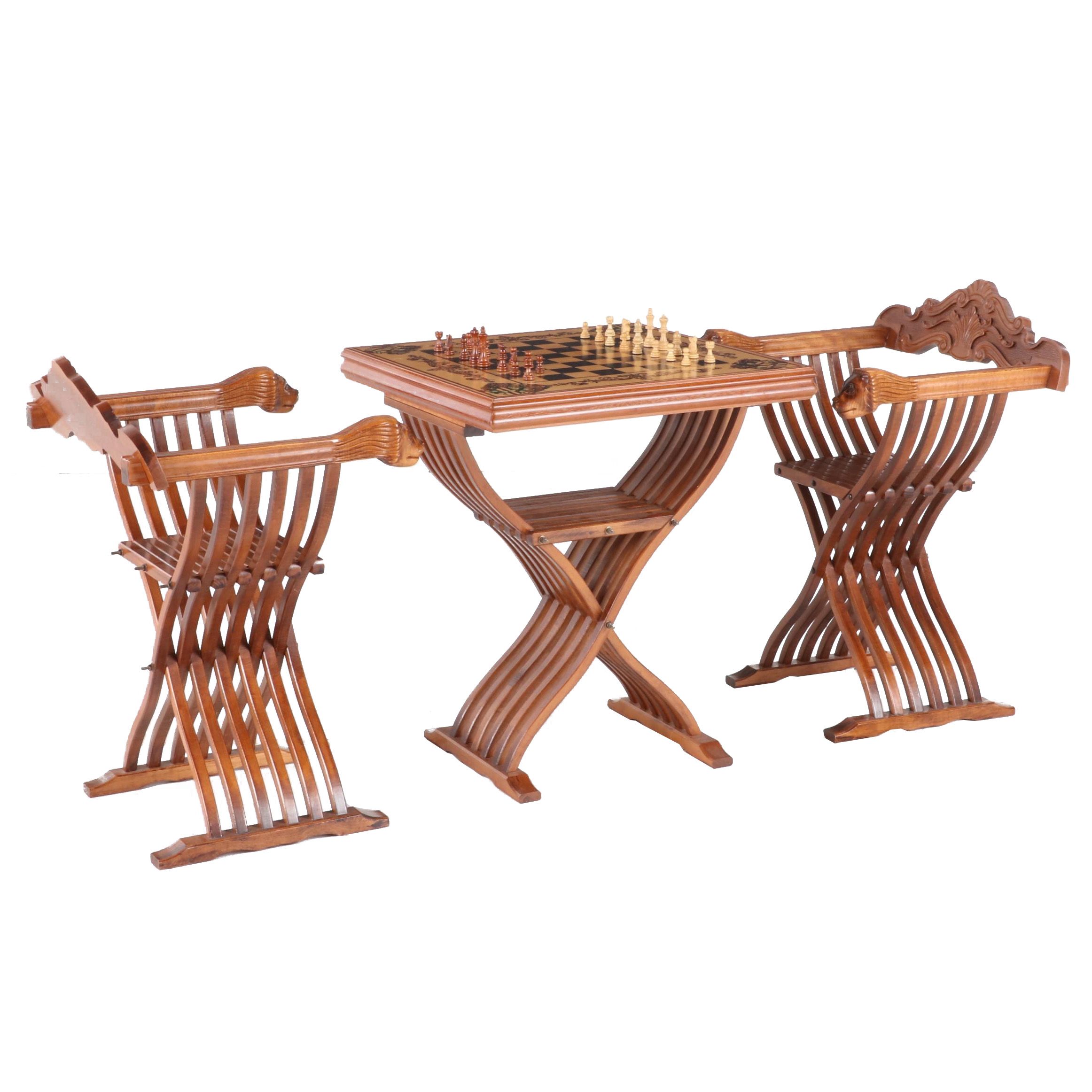 Italian Mahogany Savonarola Chess Table and Chairs, Late 20th Century