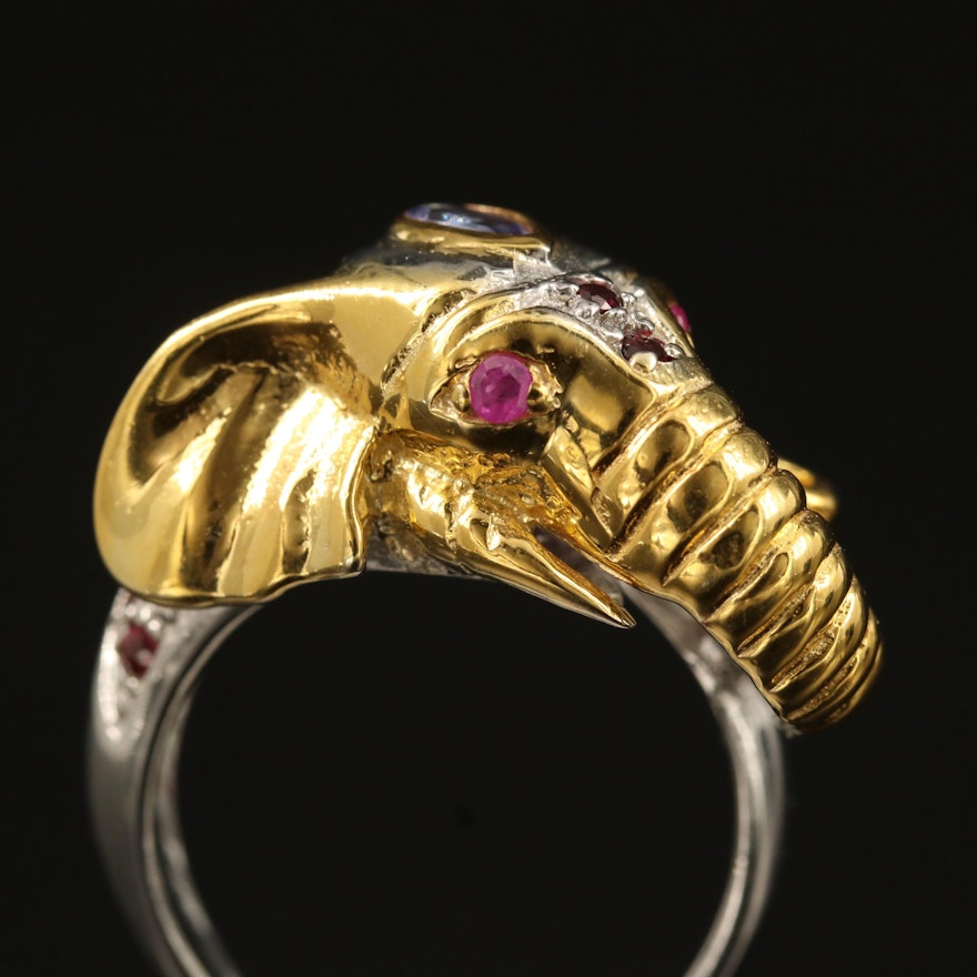 Sterling Silver Tanzanite, Rhodolite Garnet and Ruby Elephant Ring