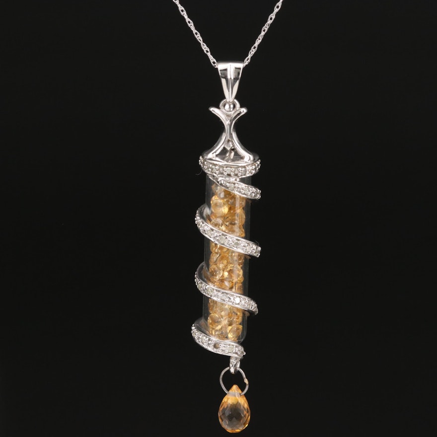 10K Citrine and Diamond Tube Pendant Necklace