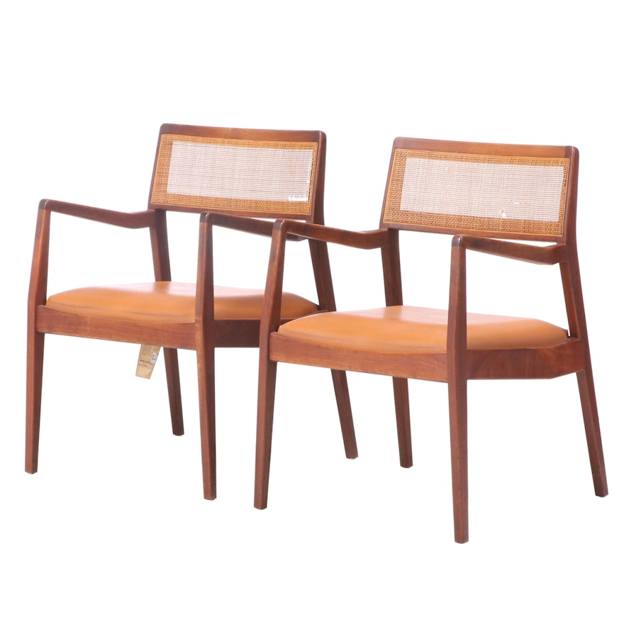Jens Risom Mid Century Modern Vinyl Upholstered Cane Back Arm Chairs