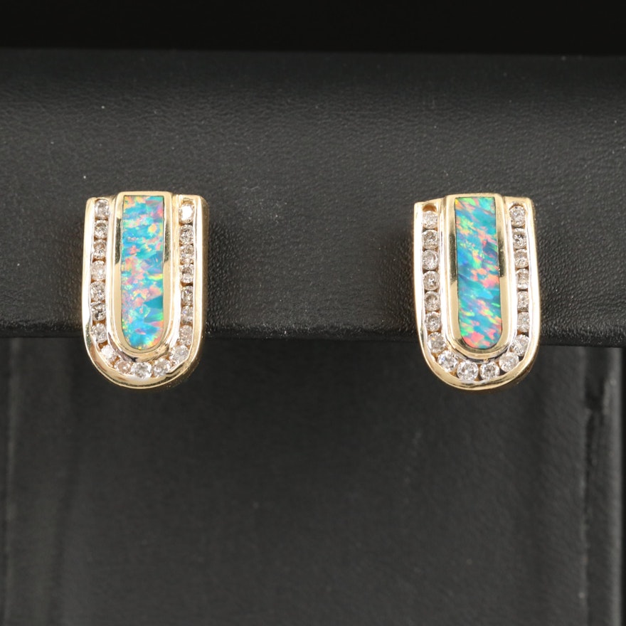 14K Opal Doublet and Diamond Earrings for Non Pierced Ears