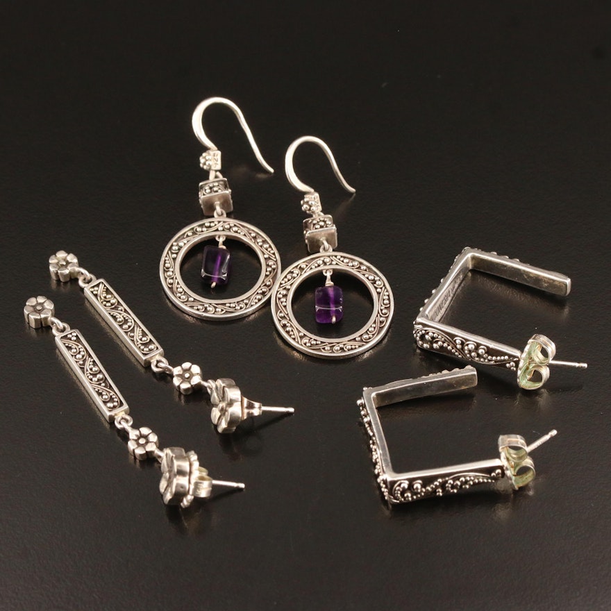 Lois Hill Sterling Silver Earrings Featuring Amethyst and Granulation Detail