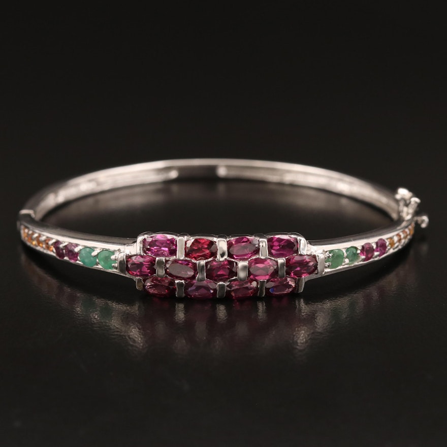 Sterling Silver Garnet, Emerald and Sapphire Hinged Bangle