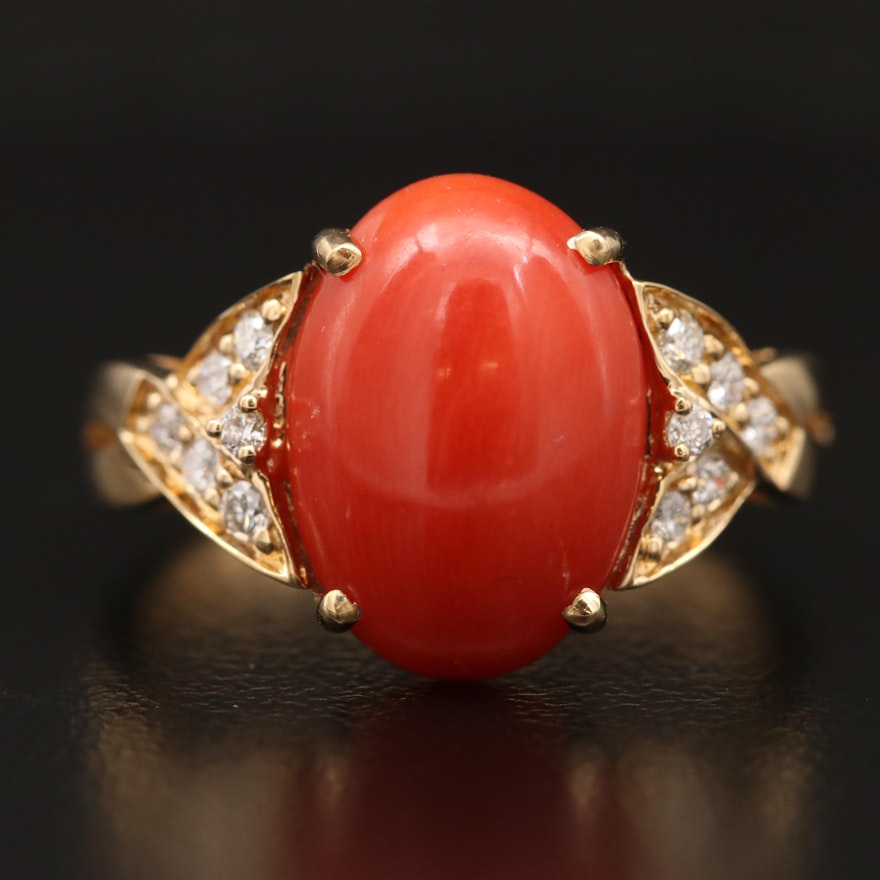 18K Coral and Diamond Ring
