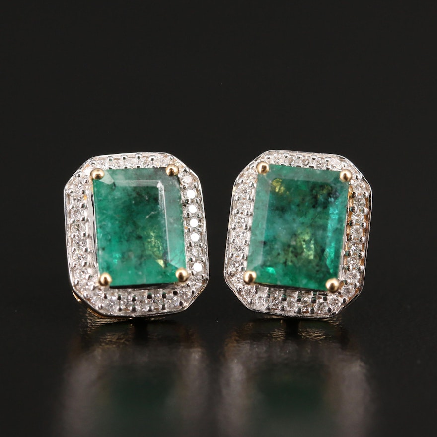 14K Emerald and Diamond Halo Stud Earrings