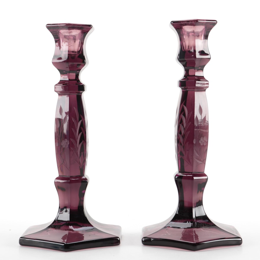 Pair of Etched Amethyst Glass Candlesticks, Mid to Late 20th Century