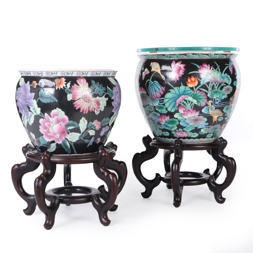 East Asian Enameled Porcelain Fishbowl Planters with Wood Stands, Late 20th C.