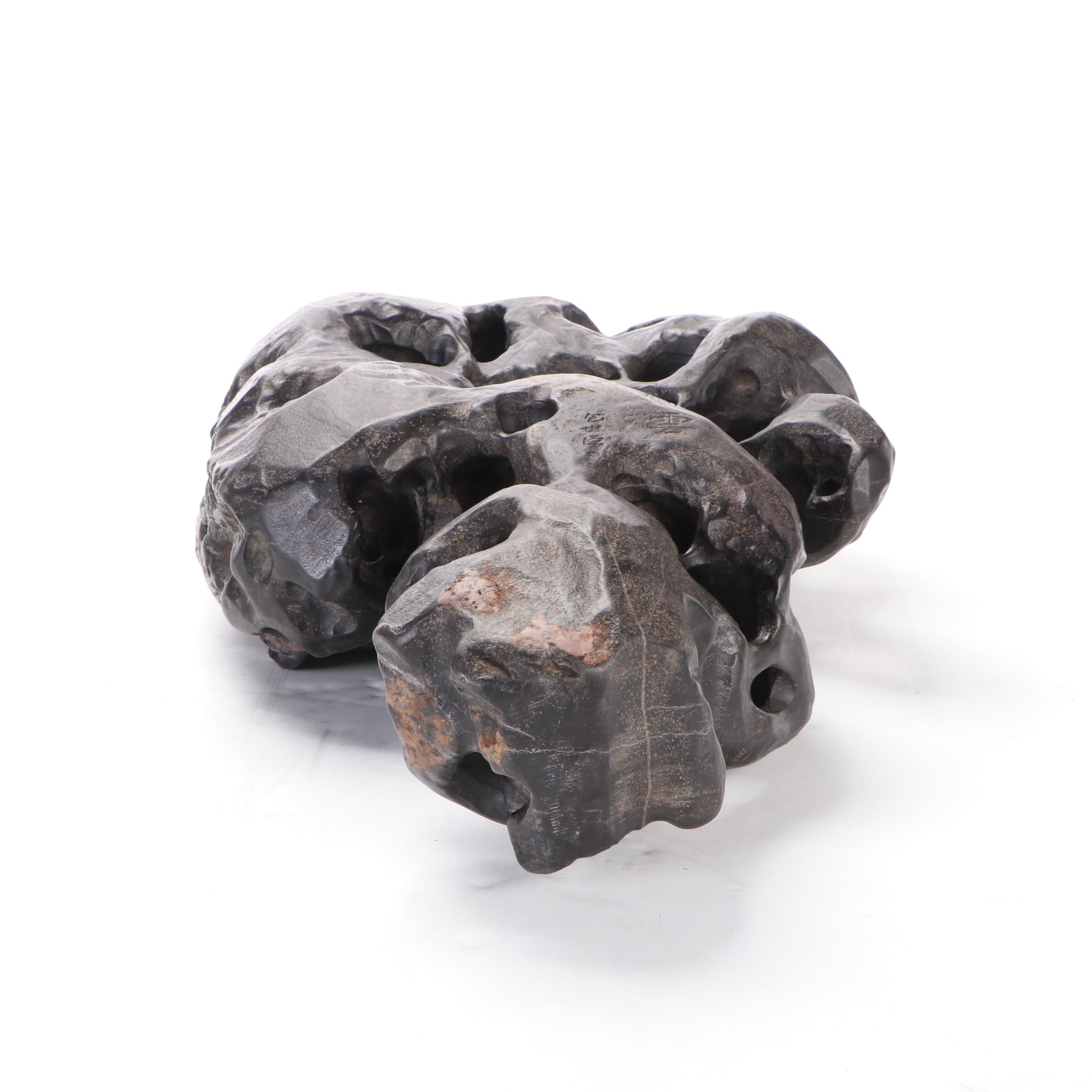 Inscribed Gongshi Scholar's Stone Sculpture with Lacquered Wood Stand