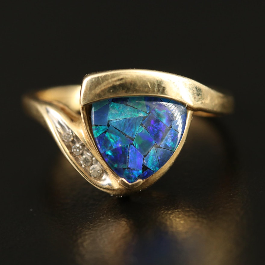 14K Opal Mosaic Triplet and Diamond Triangular Bypass Ring