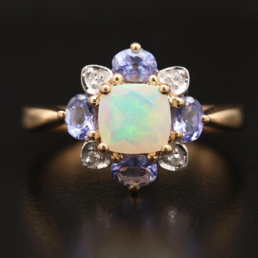 10K Opal, Tanzanite and Diamond Ring