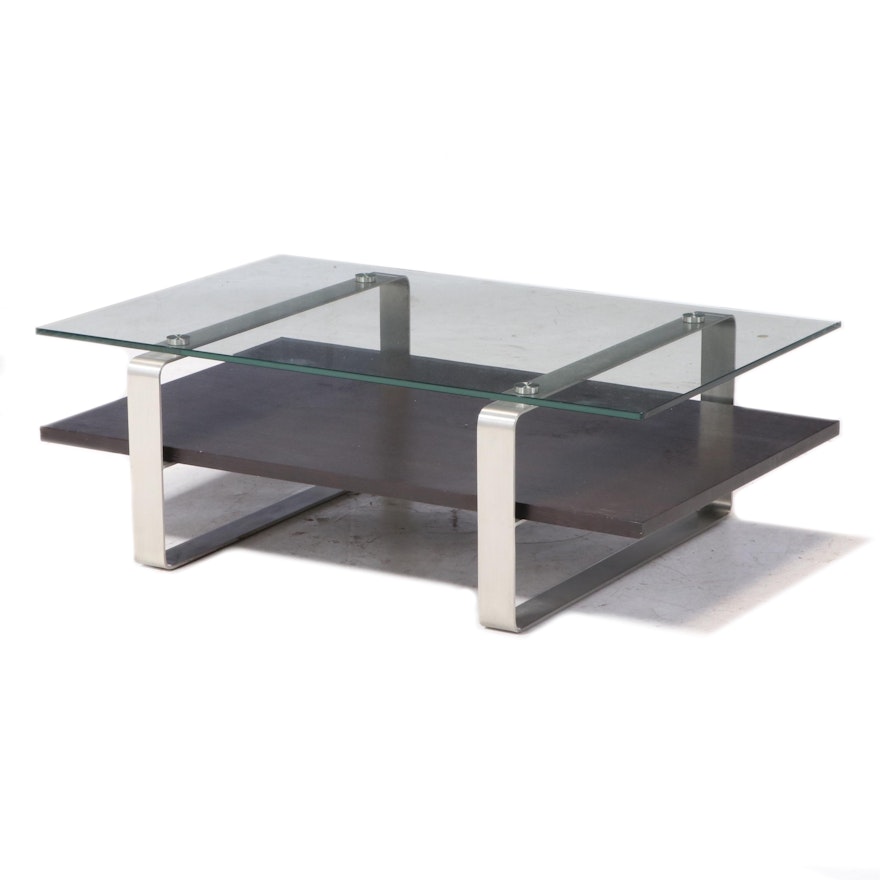 Contemporary Modern Glass Top Wood and Chrome Coffee Table