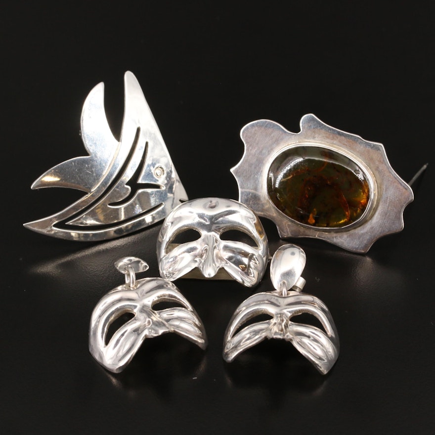 Sterling Brooches and Earrings Featuring Masquerade Mask Jewelry Set