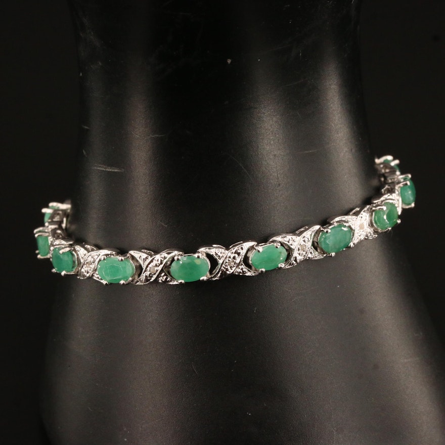 Sterling Silver Beryl and Diamond Link Bracelet Featuring Crossover Pattern