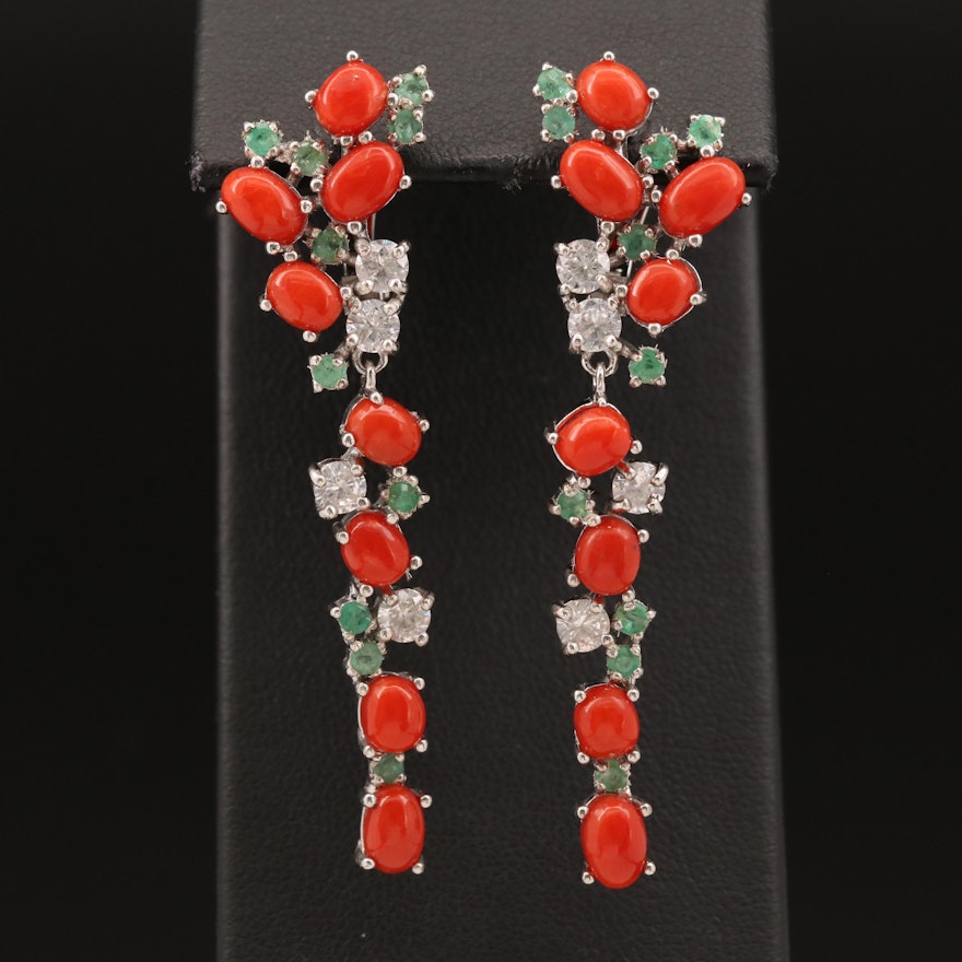 Sterling Coral, Emerald and Cubic Zirconia Dangle Earrings