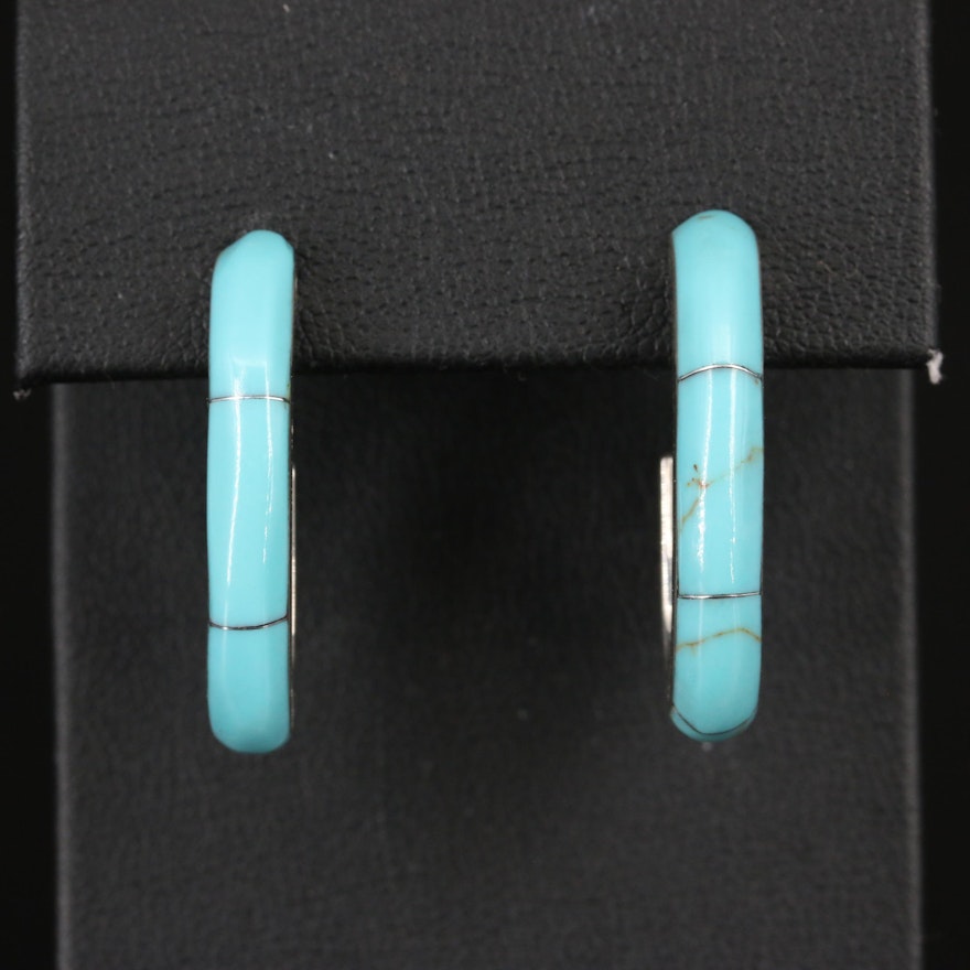 Sterling Faux Turquoise Inlay J-Hoop Earrings