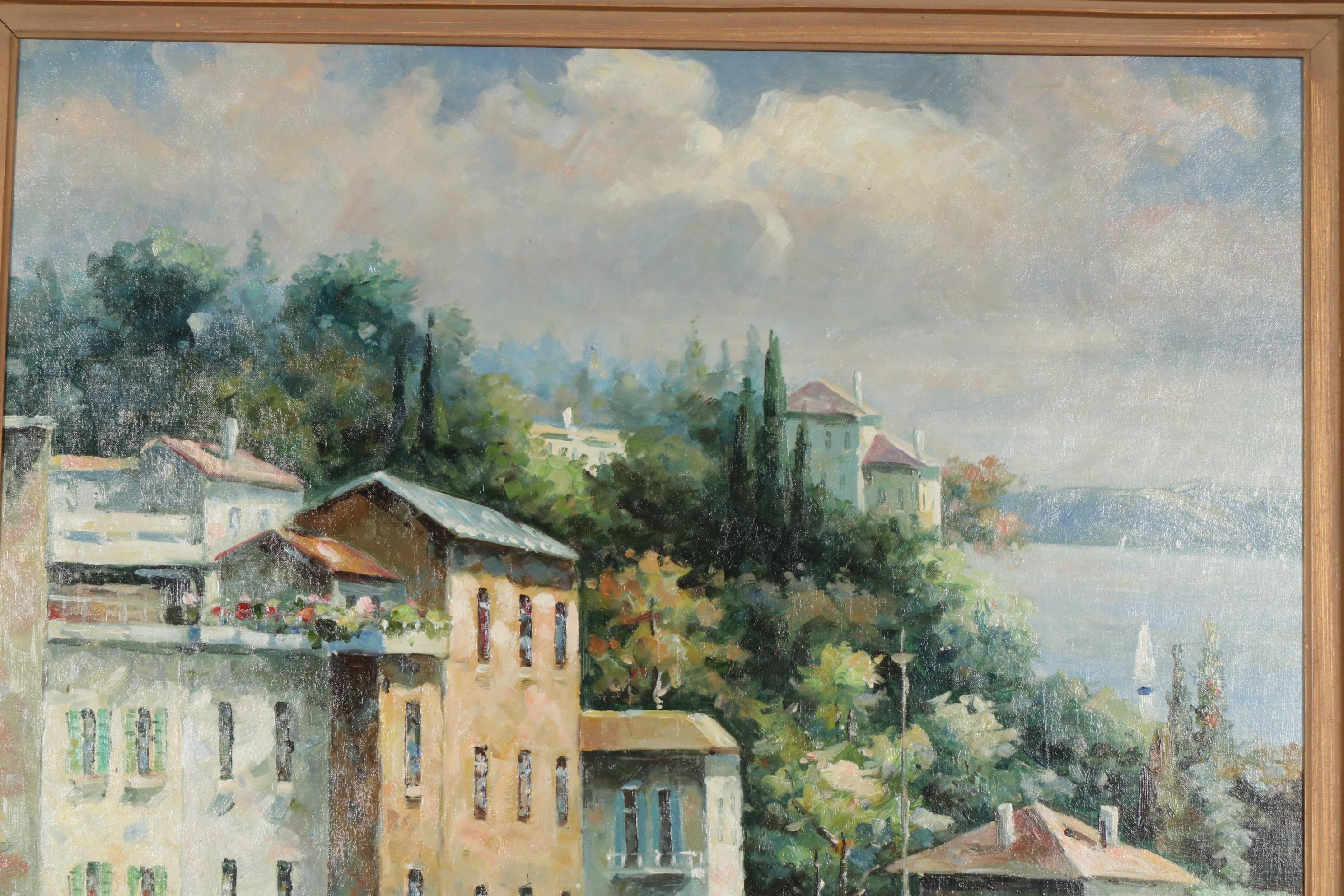 Coastal Village Harbor Copy Oil Painting after Walter Samuel, Late 20th Century