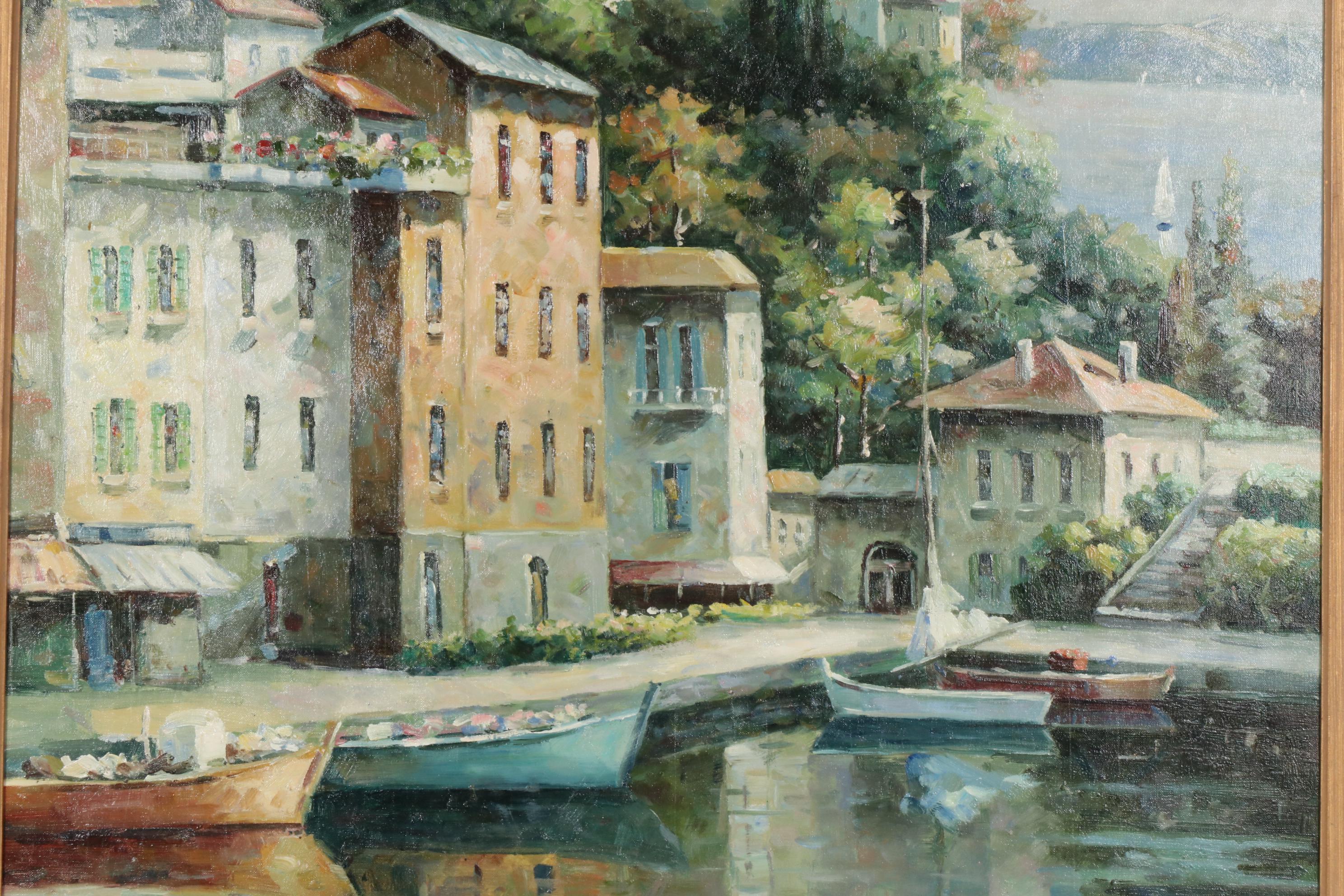 Coastal Village Harbor Copy Oil Painting after Walter Samuel, Late 20th Century