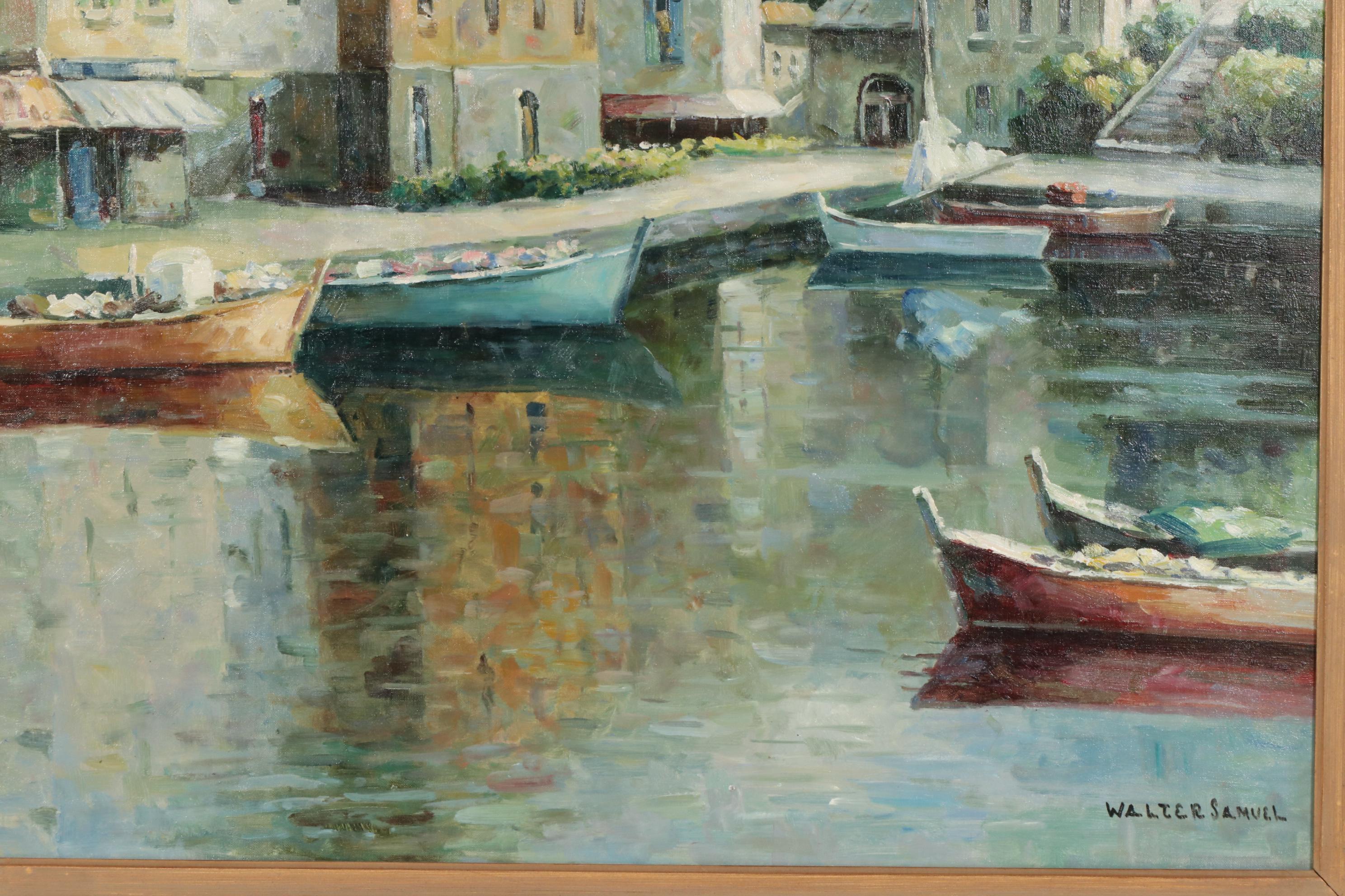 Coastal Village Harbor Copy Oil Painting after Walter Samuel, Late 20th Century