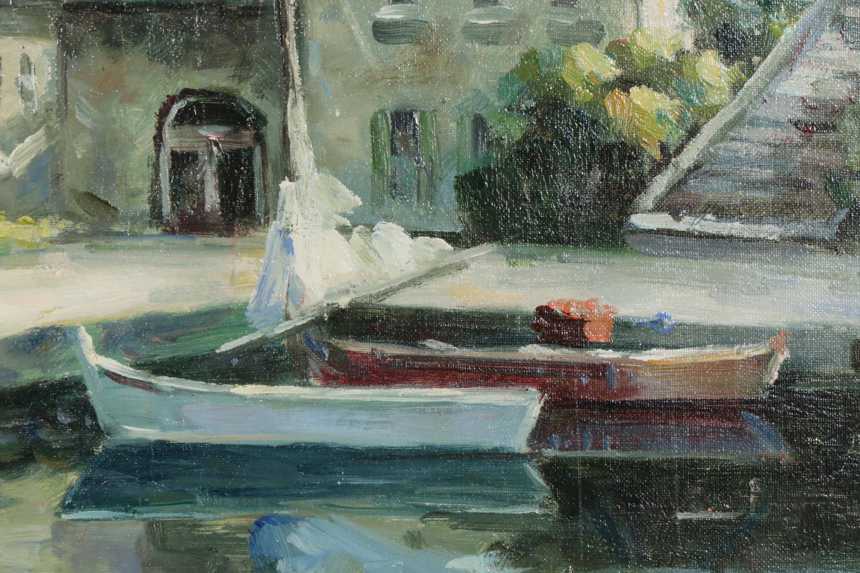 Coastal Village Harbor Copy Oil Painting after Walter Samuel, Late 20th Century