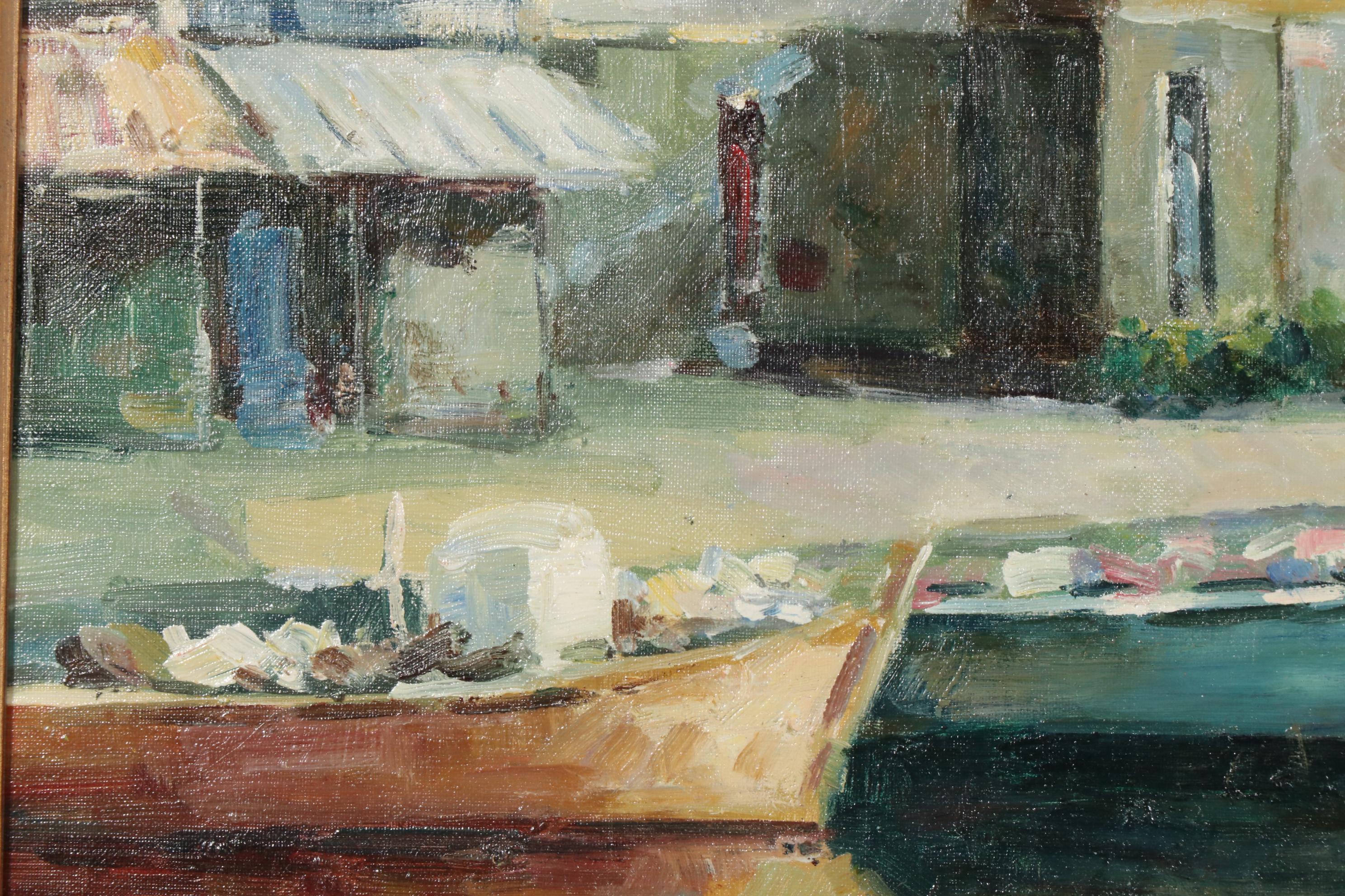 Coastal Village Harbor Copy Oil Painting after Walter Samuel, Late 20th Century