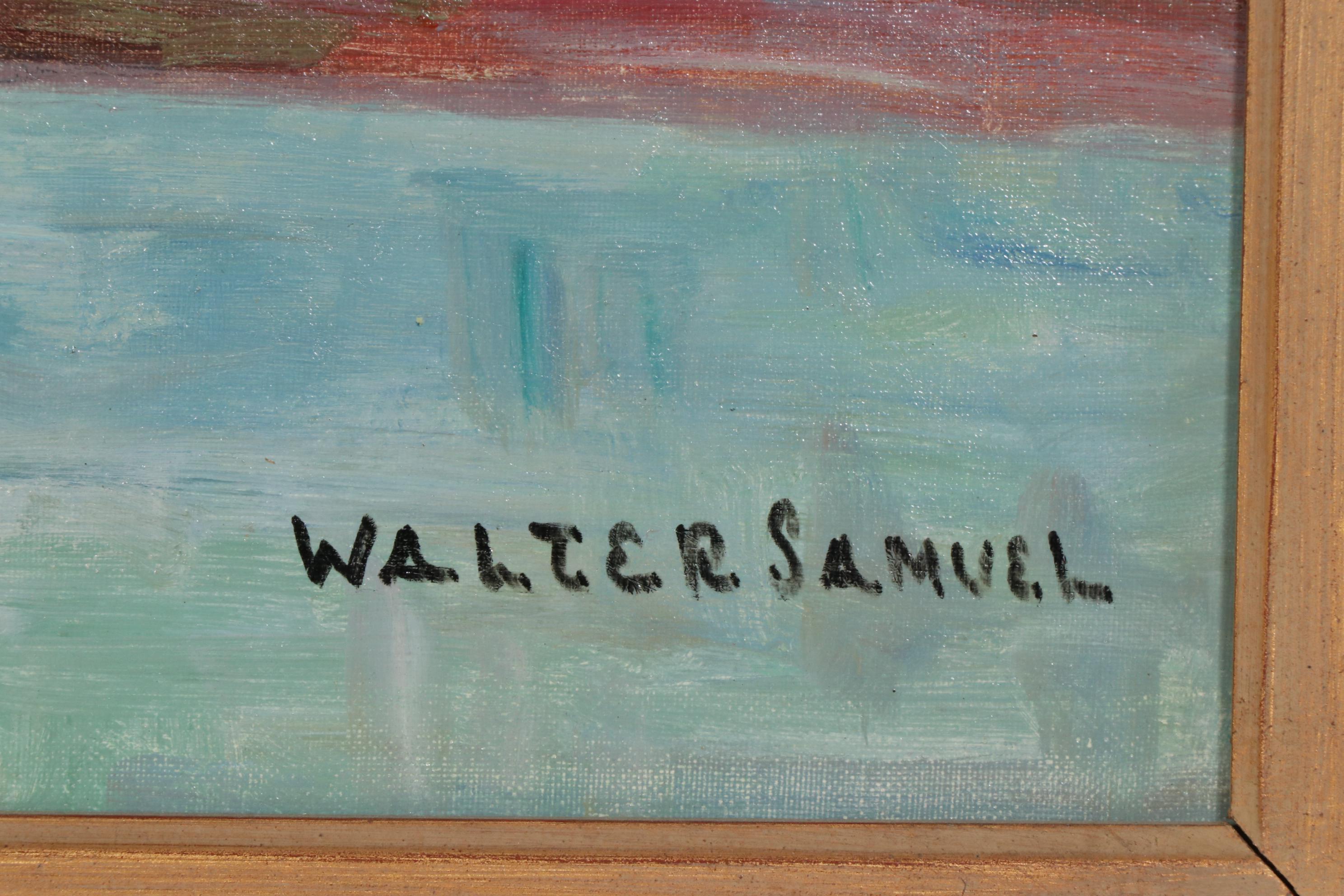 Coastal Village Harbor Copy Oil Painting after Walter Samuel, Late 20th Century