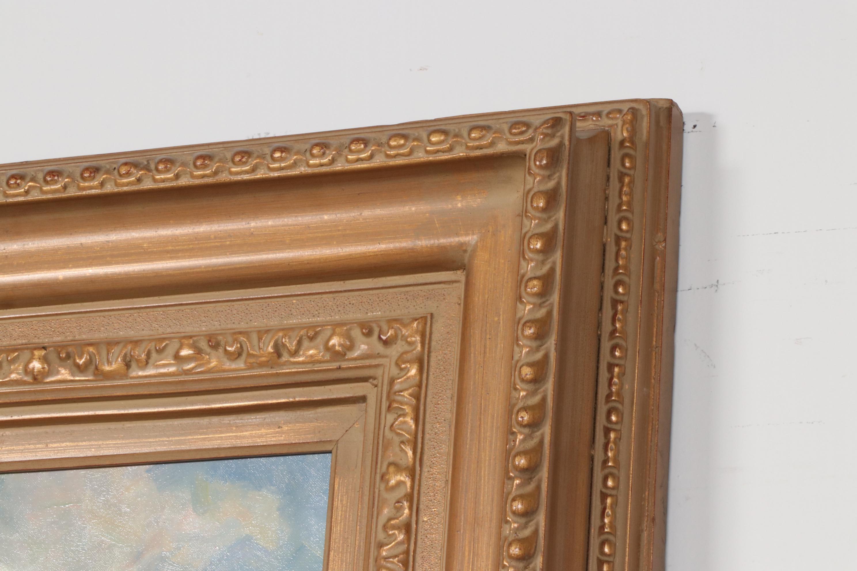 Coastal Village Harbor Copy Oil Painting after Walter Samuel, Late 20th Century