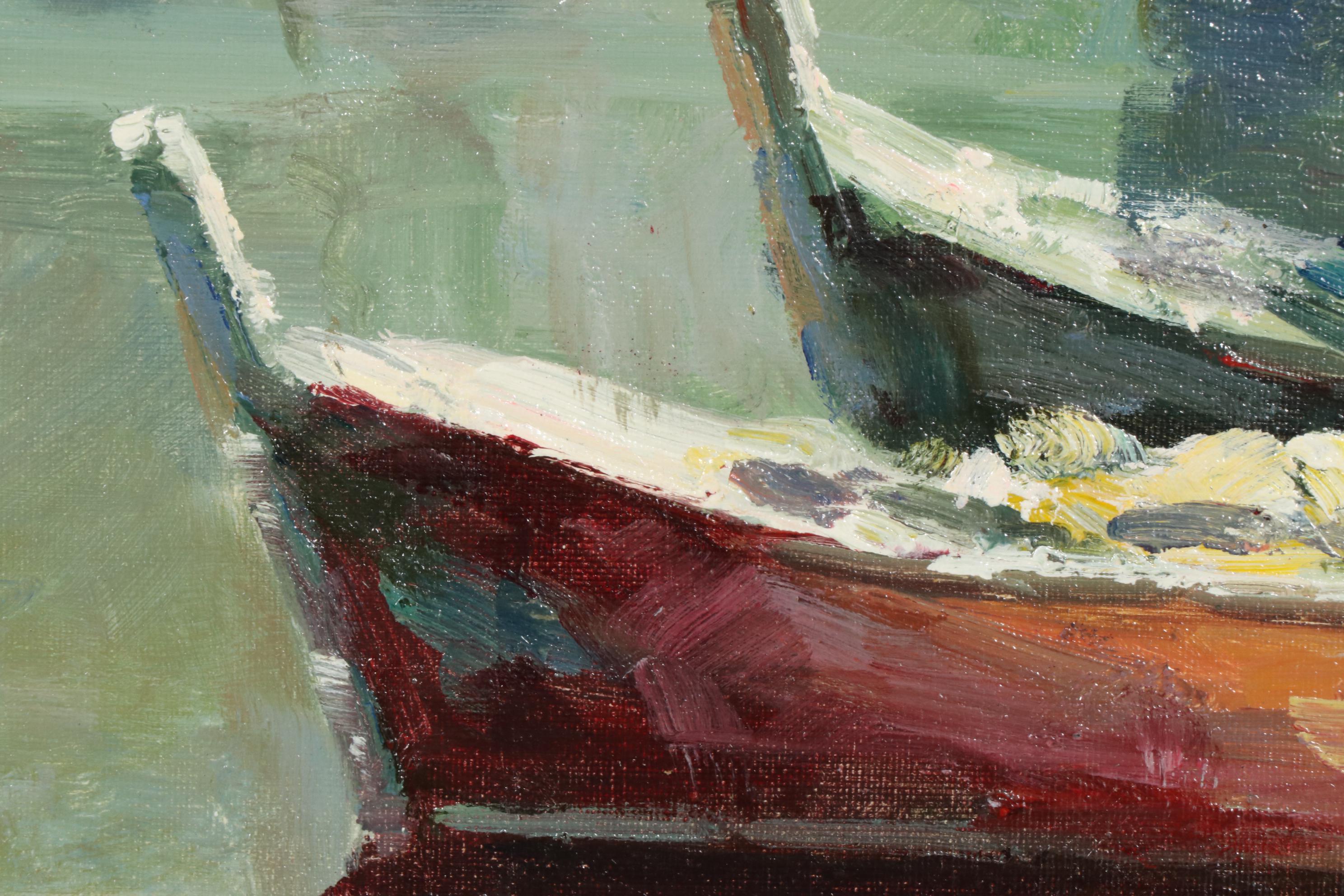 Coastal Village Harbor Copy Oil Painting after Walter Samuel, Late 20th Century