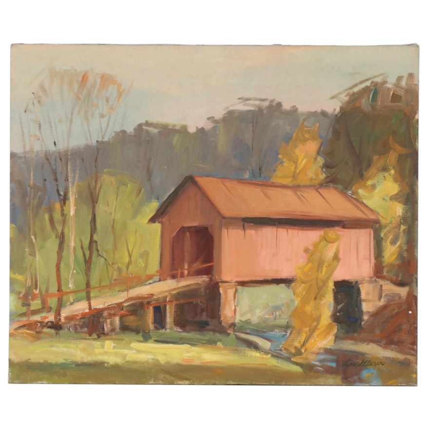 Lee Glaser Oil Painting of Covered Bridge, Mid to Late 20th Century